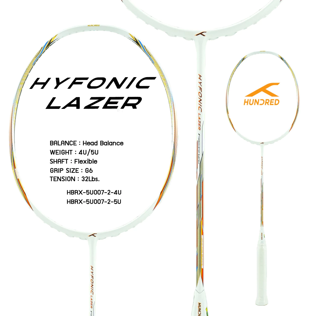 HUNDRED Hundred ไม้แบดมินตัน รุ่น Hyfonic Lazer สายสมดุล มี2สี ขาว/ดำ 4U/5U ฟรีเอ็น ซอง ประกัน รูปสินค้า 3