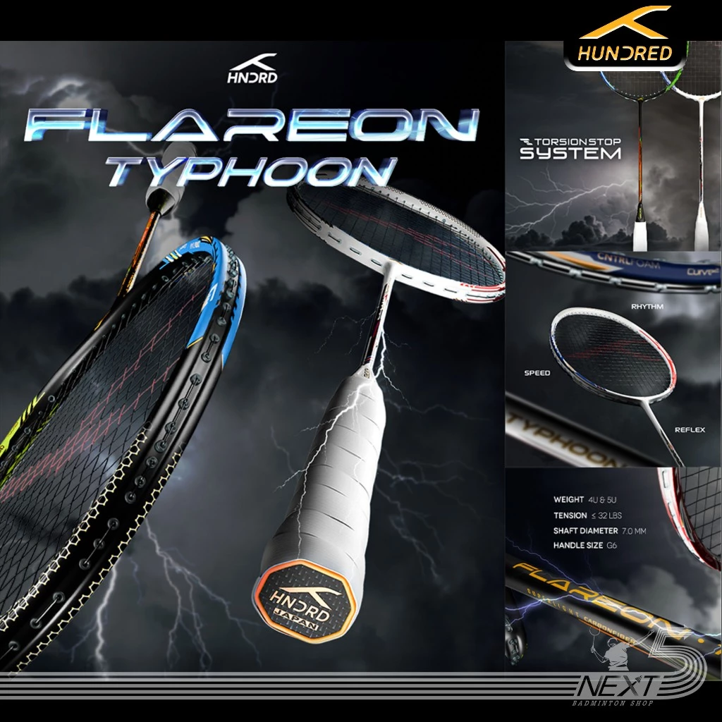 Hundred ไม้แบดมินตัน รุ่น Flareon Typhoon สาย Speed มี2สี ขาว/ดำ 4U/5U ฟรีเอ็น ซอง ประกัน รูปที่ 1