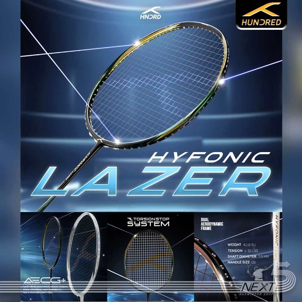 HUNDRED Hundred ไม้แบดมินตัน รุ่น Hyfonic Lazer สายสมดุล มี2สี ขาว/ดำ 4U/5U ฟรีเอ็น ซอง ประกัน รูปสินค้า 1