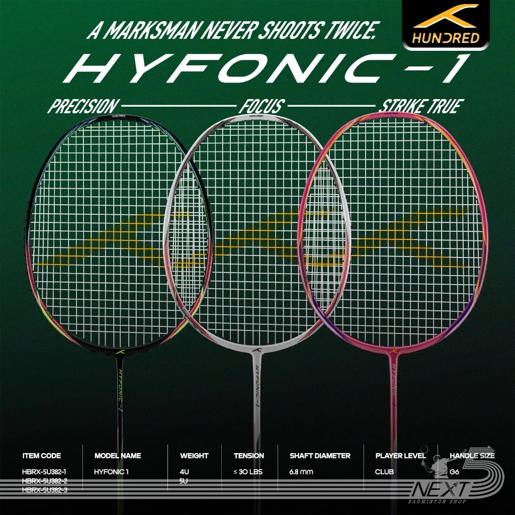 HUNDRED HUNDRED ไม้แบดมินตัน รุ่น Hyfonic 1 ( HBRX-5U382 1-3 ) ไม้คอนโทรลดั่งใจ แถมเอ็น กริป ซอง รูปสินค้า 1