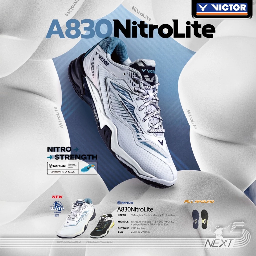 VICTOR Victor รองเท้าแบดมินตัน รุ่น A830 NitroLite U-SHAPE 3.5 หน้ากว้างพิเศษ มี 2 สี ขาว และ ดำ รูปสินค้า 1