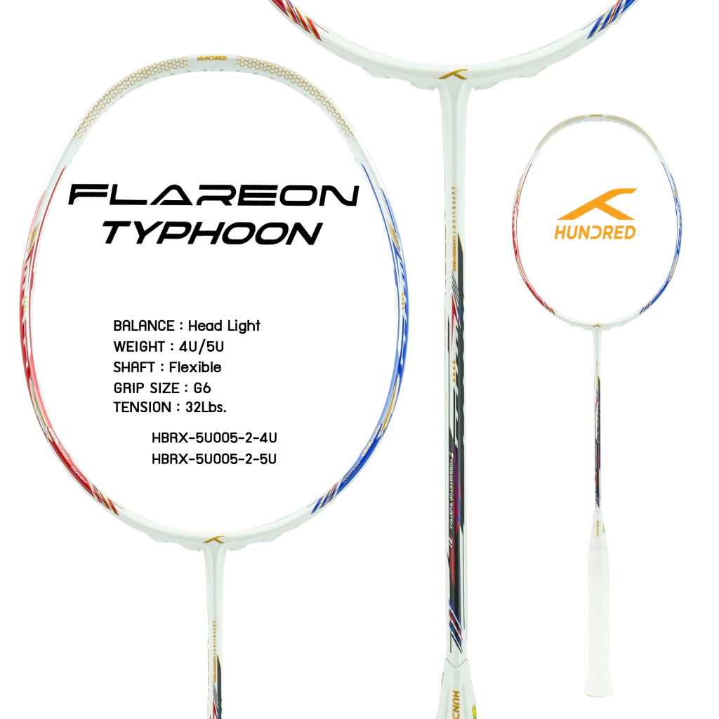 Hundred ไม้แบดมินตัน รุ่น Flareon Typhoon สาย Speed มี2สี ขาว/ดำ 4U/5U ฟรีเอ็น ซอง ประกัน รูปที่ 2