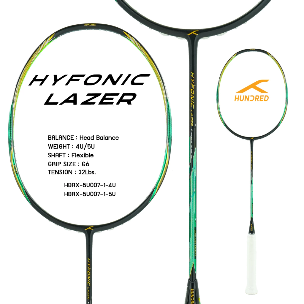 HUNDRED Hundred ไม้แบดมินตัน รุ่น Hyfonic Lazer สายสมดุล มี2สี ขาว/ดำ 4U/5U ฟรีเอ็น ซอง ประกัน รูปสินค้า 2