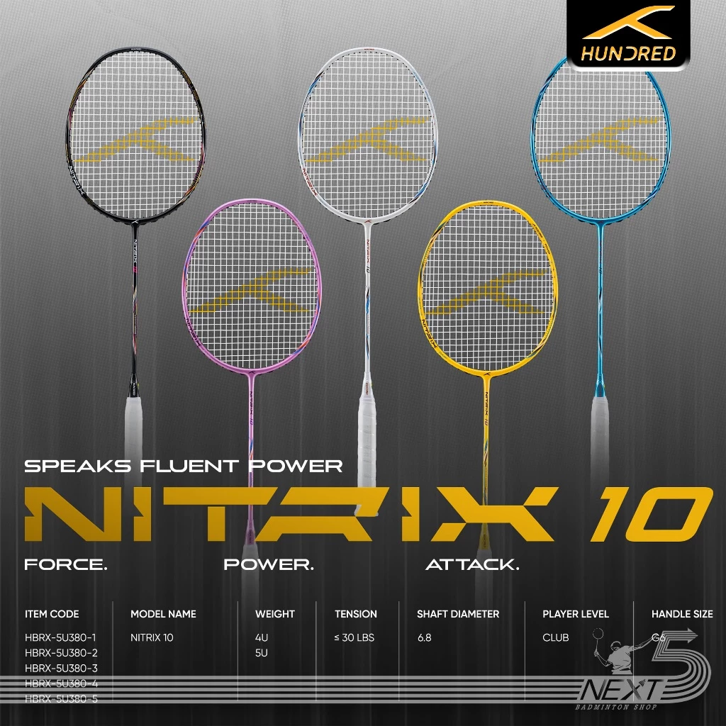 HUNDRED HUNDRED ไม้แบดมินตัน รุ่น Nitrix 10 ( HBRX-5U380 1-5 ) ไม้บุกที่ดุดัน แถมเอ็น กริป ซอง รูปสินค้า 1